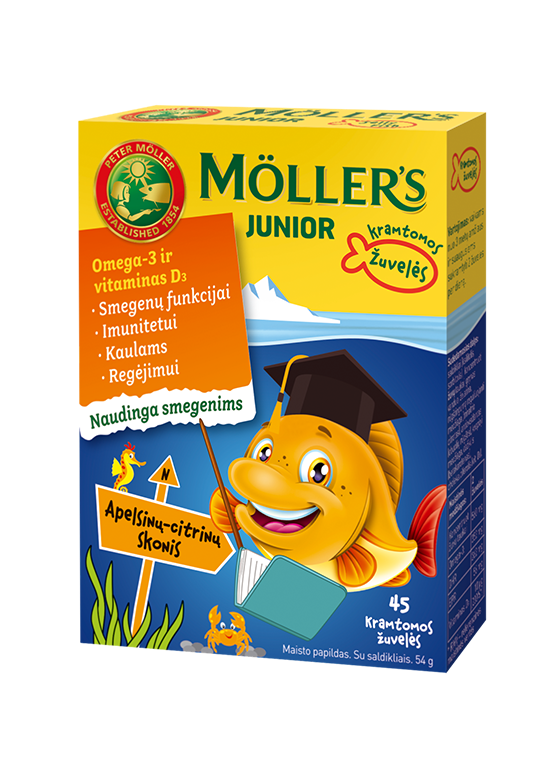 Möller’s Junior apelsinų ir citrinų skonio kramtomos žuvelės